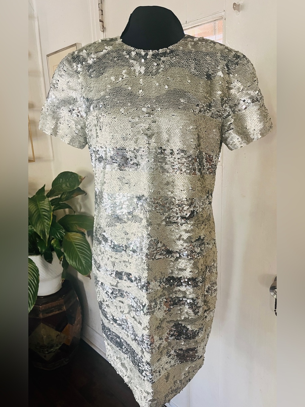 Bill Blass Evening Silver Sequin Shift Dress - Women Size 8